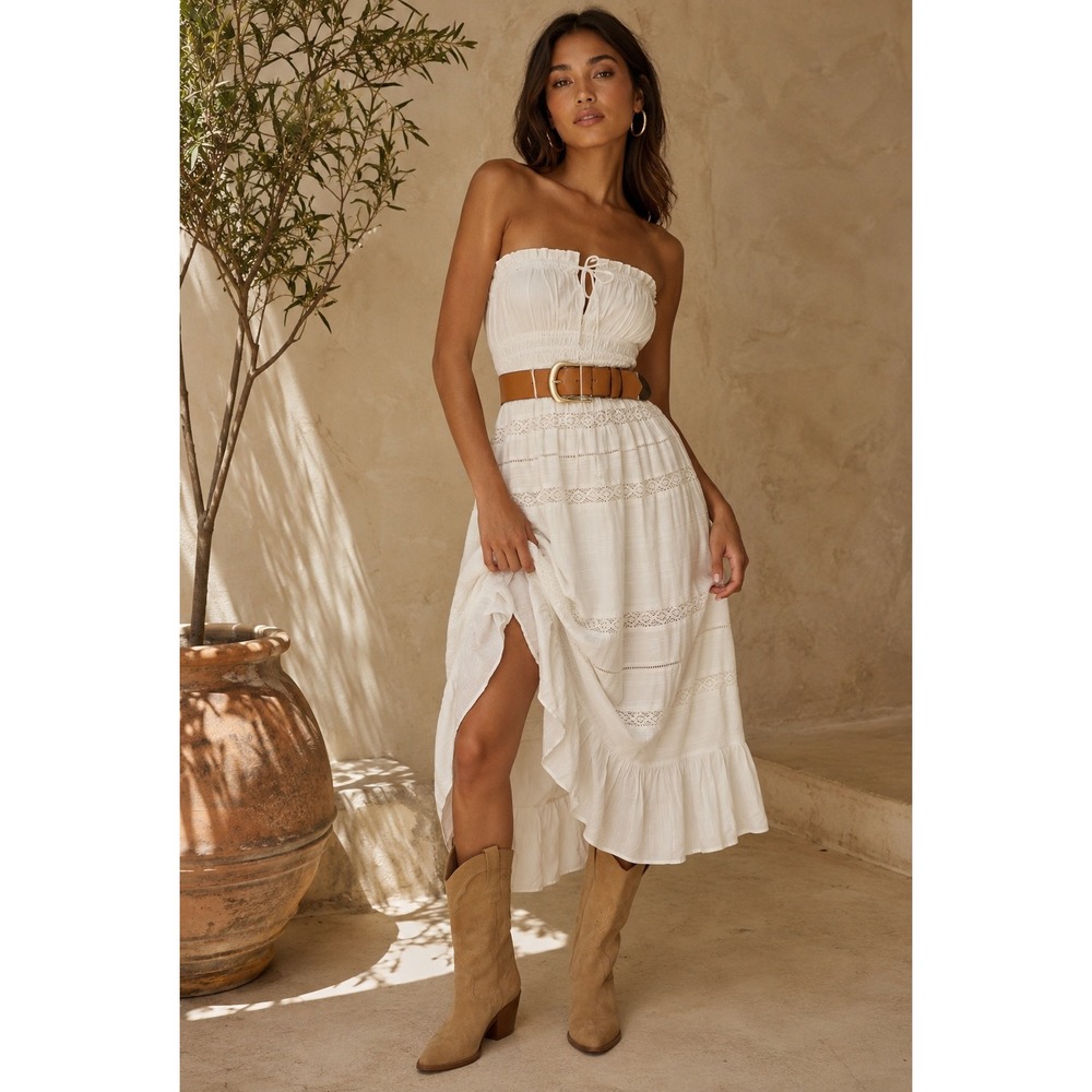 Maeve Anthropologie‎ Maxi Dress Small White Smocked Tiered Boho Coastal Summer